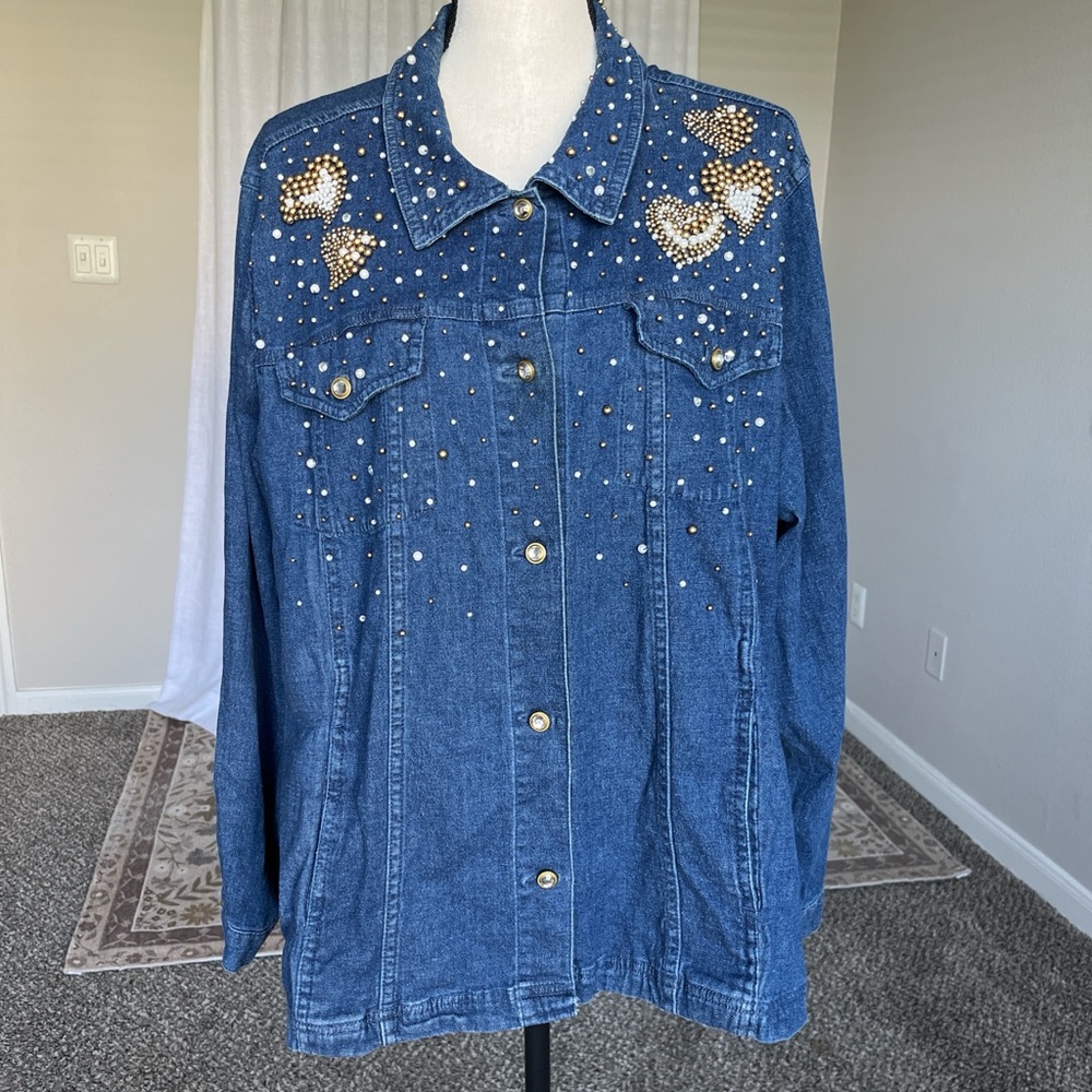 Quacker Factory Denim Jacket XL Beaded Rhinestone Heart Studded Trucker Y2K